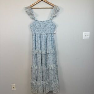 Arula Floral Tiered Smocked Sleeveless Ruffle Lined Maxi Dress Blue Size XL